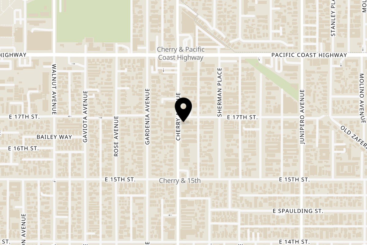 Map showing the location of Phnom Penh Noodle Shack on 1644 Cherry Ave in Long Beach